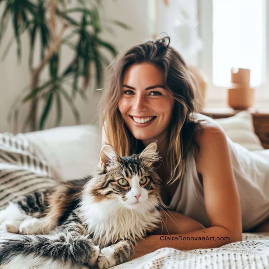 Cat drawings - Woman smiling on bed with long haired cat