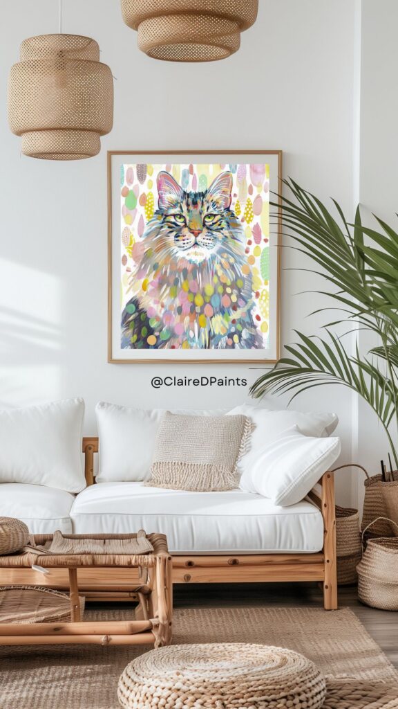 Cat Drawings -  Colorful cat painting above white couch in mock-up of pet portrait drawings.