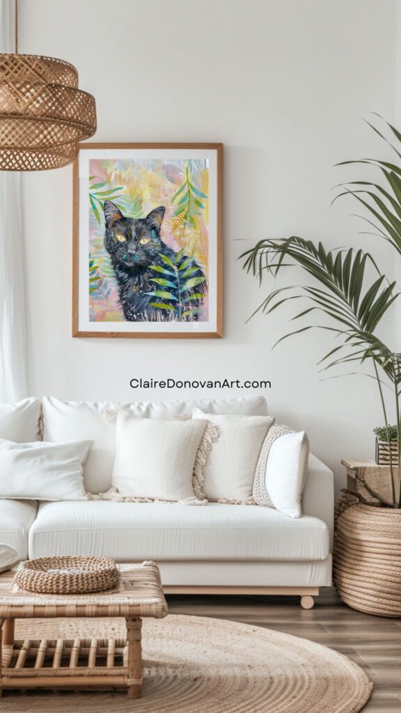 Cat drawings - vibrant cat artwork displayed over white sofa in pet portrait mock-up.