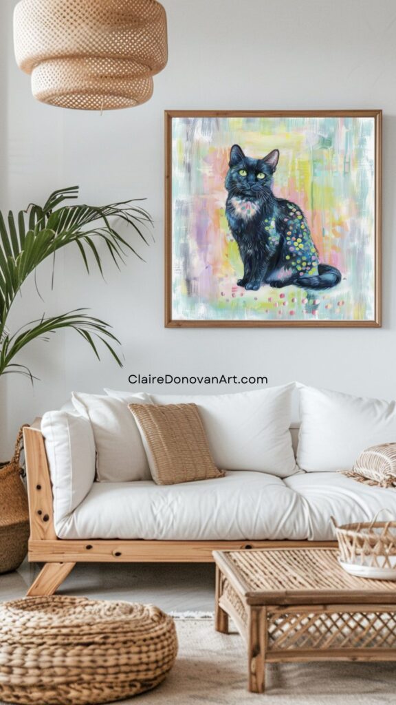 Cat drawings - Mock-up featuring colorful cat painting above white couch for pet portrait.