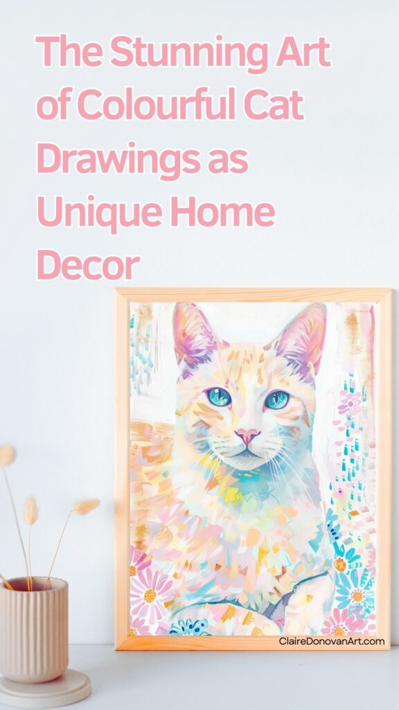 Cat Drawings - Framed white ginger cat colourful painted portrait 