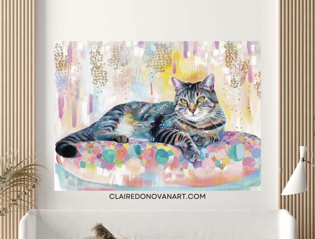 Cat drawings - a colourful painted pet portrait of a tabby cat